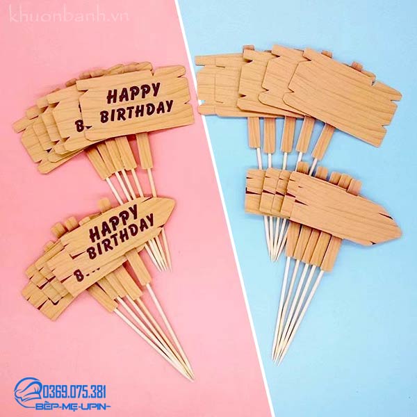 Phụ kiện sinh nhật thẻ cắm happy vân gỗ (Sét 5 cái)