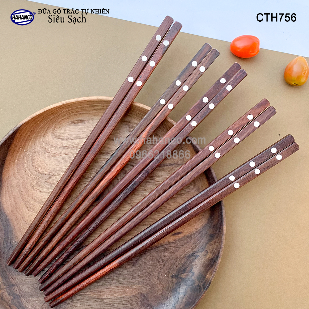 Đũa gỗ Trắc siêu sạch - CTH756 - Gỗ trắc khảm 3 chấm (10 Đôi/hộp) - HAHANCO