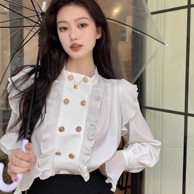 Áo sơ mi tiểu thư phối ly - 2 hàng cúc siêu hot 2022