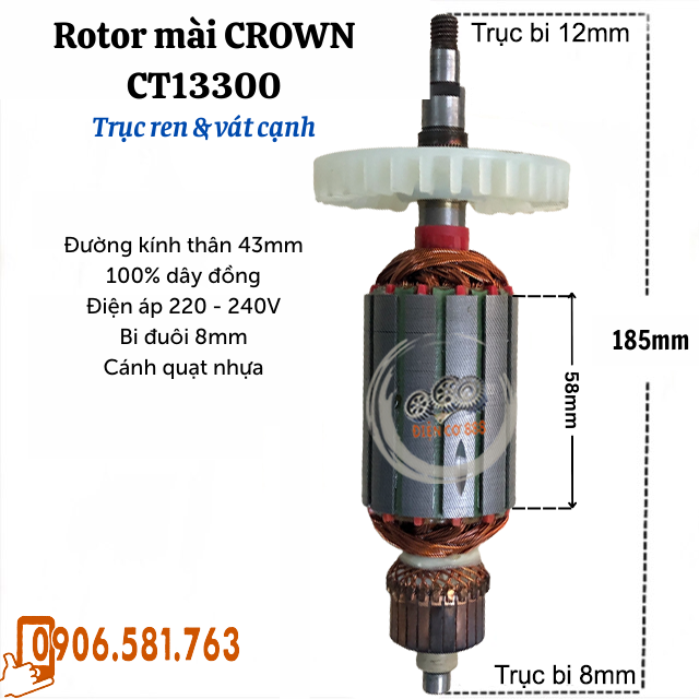 Rotor mài Crown 13300 (CT13300) Thân 43mm Dài 185mm 220V - Tặng chổi than