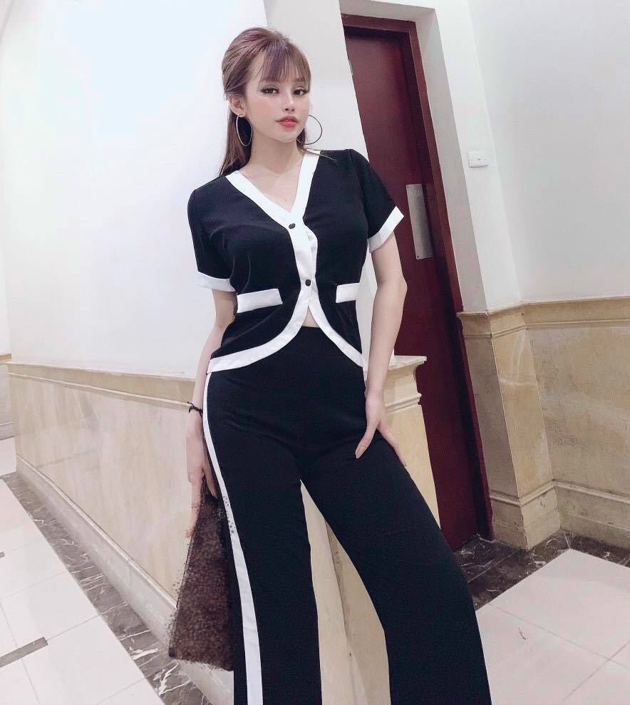 Sét Bộ Voan Thu Đông Hot Trend Thiết Kế Ấn Tượng Áo Phối Viền Gài Hai Nút Phối Quần Ống Loe Thời Trang TTSA0767