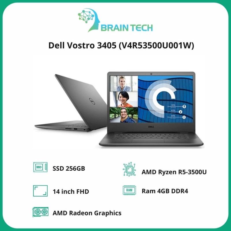 [Freeship] Laptop Dell Vostro 3405 (V4R53500U001W)/ Black/ AMD Ryzen R5-3500U (2.10GHz, 4MB)/ Ram 4GB DDR4/ SSD 256GB/ AMD Radeon Graphics/ 14.0 inch FHD/ No FP/ 3Cell/ Win10SL/ 1Yr -Braintech- BR90 Chính Hãng, Giá Tốt, Mỏng Nhẹ Cho Văn Phòng