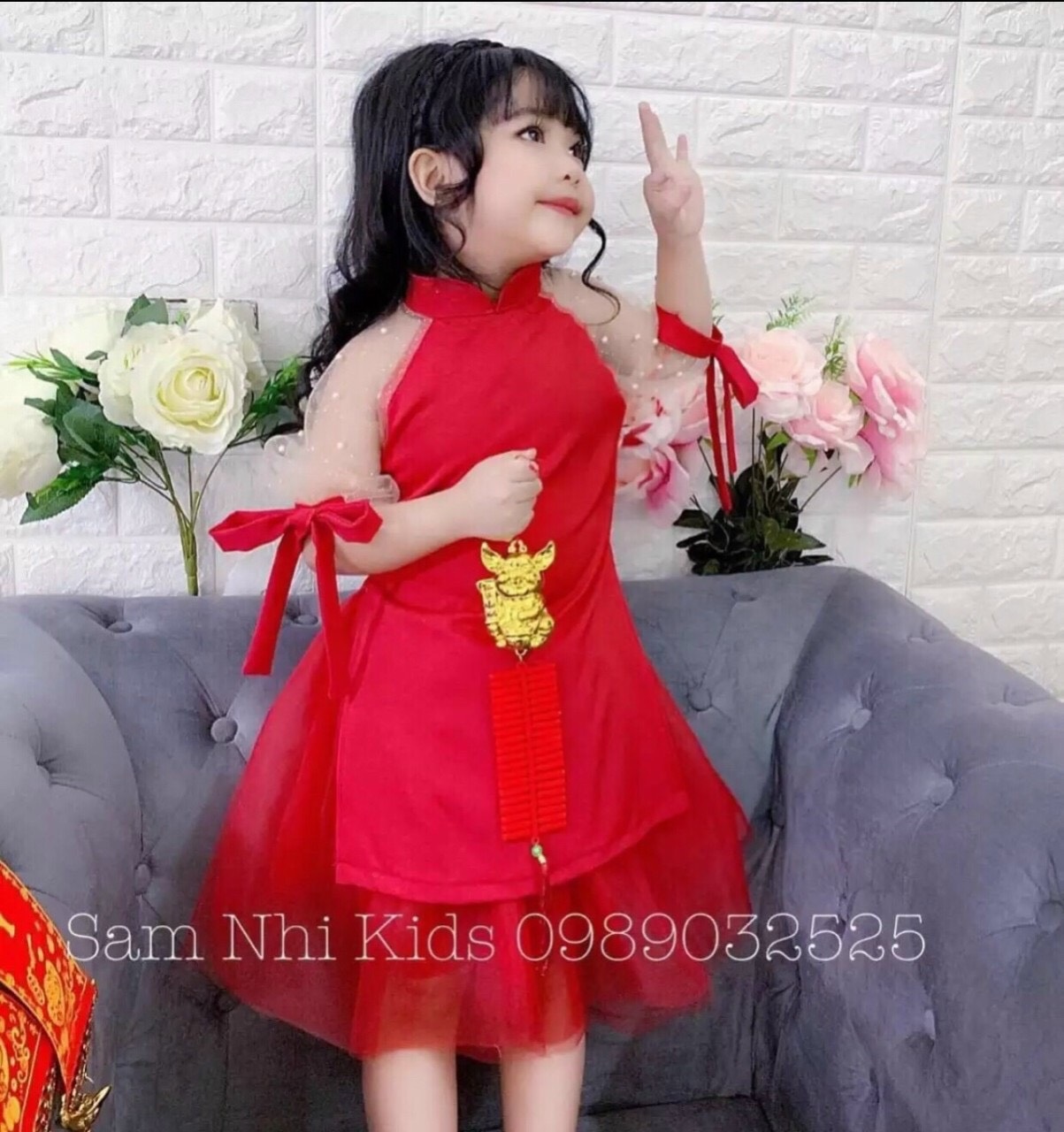 Mua Áo dài cách tân bé gái size đại từ 11 45kg tay xòe thêu sen siêu xinh  mặc lễ tết  Đỏ  Size S 14  17kg tại Nhật Hà Dress For Kids