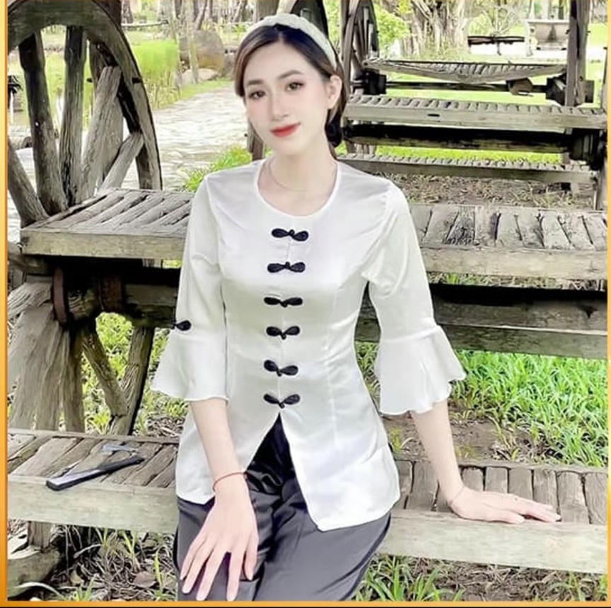 Áo bà ba lụa gấm trắng tay loe có size s m l xl xxl có dây kéo sau