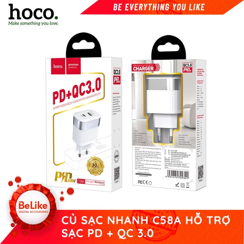 Cốc sạc nhanh 2 cổng USB QC3.0 & Type-C PD EU -Hoco C58A -Hàng phân phối chính hãng