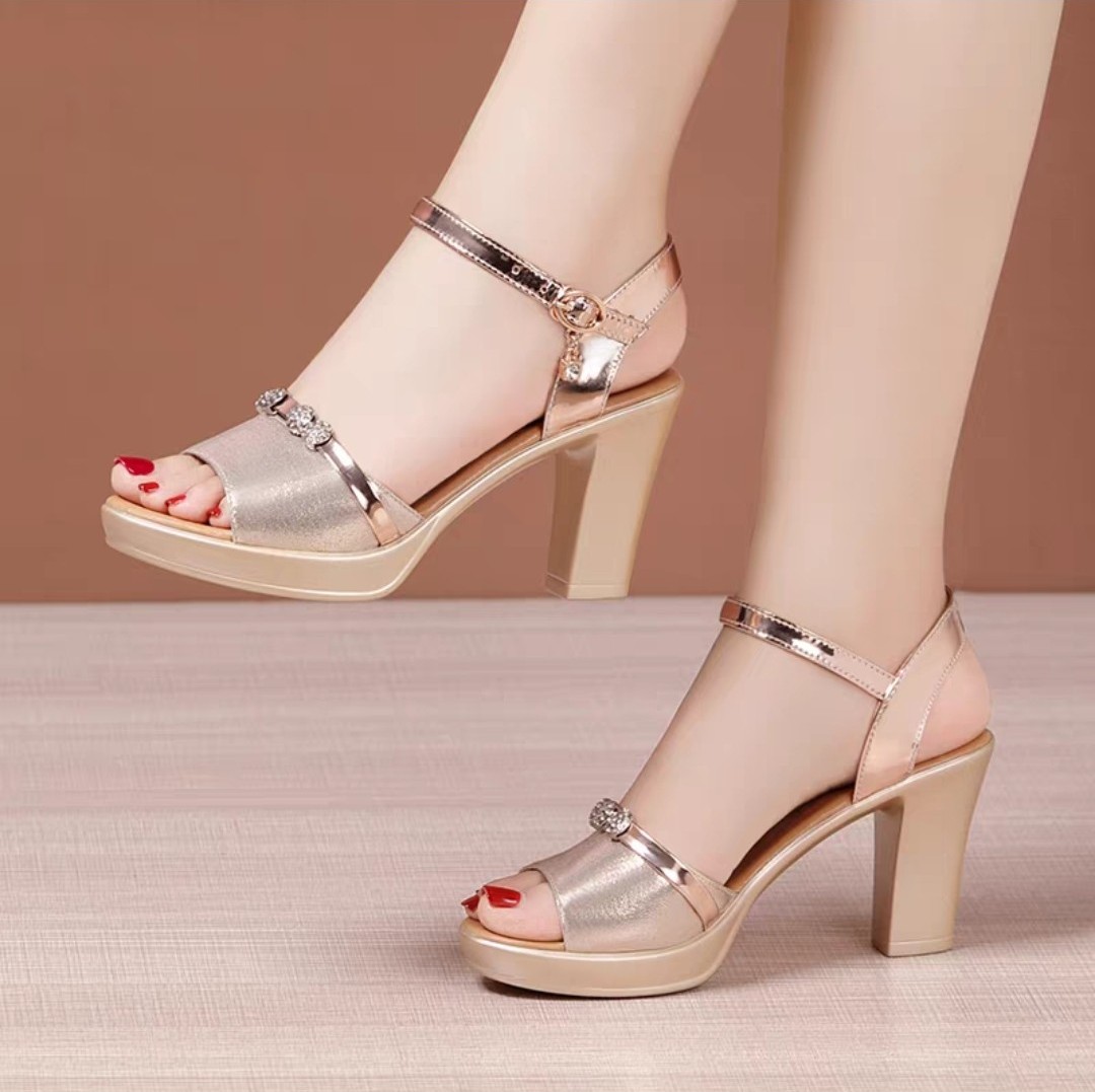 Sandal cao gót quai trang trí hạt - đế cao 7p