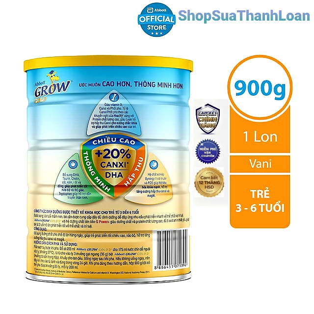 (HSD T8-2025) Sữa Bột Abbott Grow Gold 3+ Lon 900g (Cho Bé Từ 3 - 6 Tuổi).