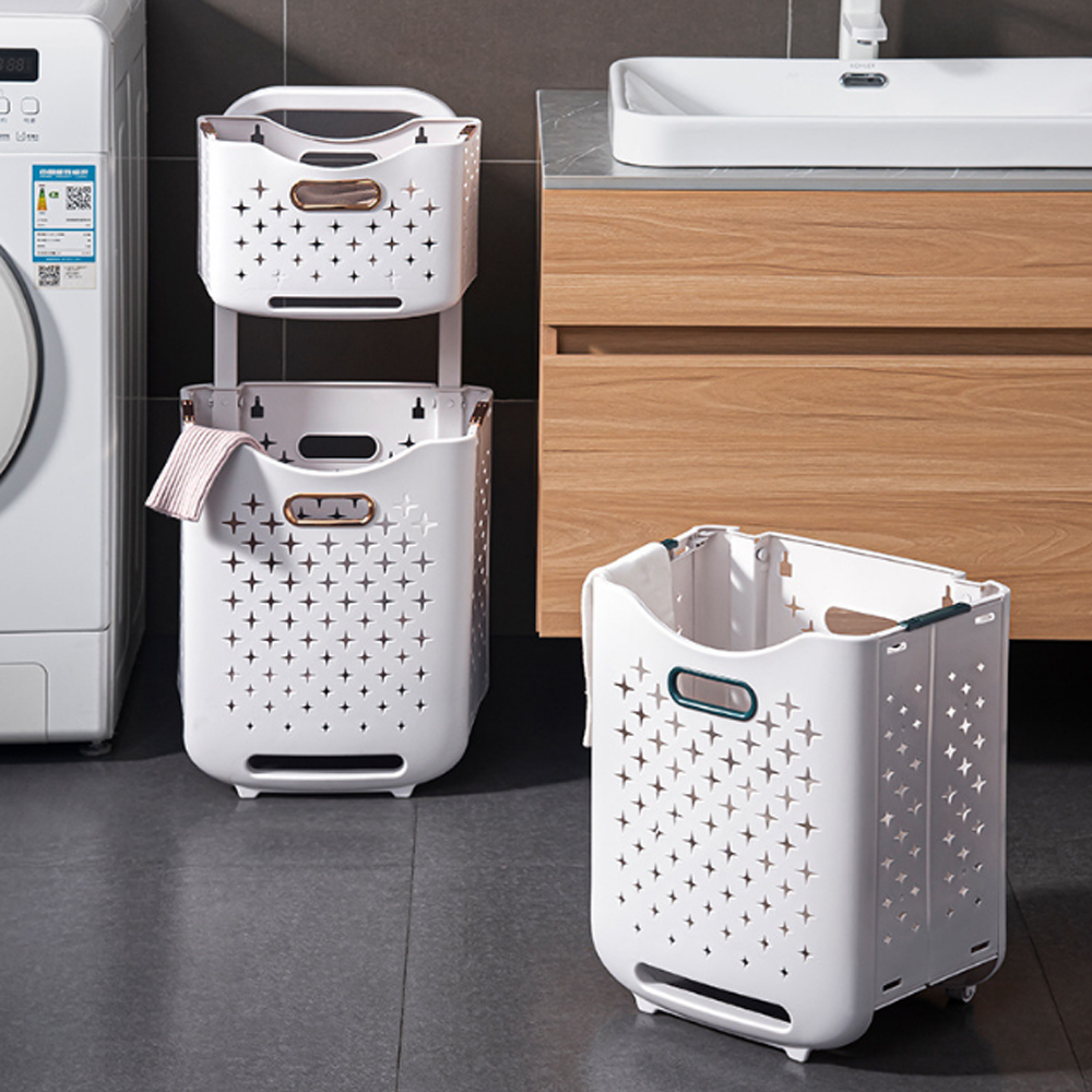 Giỏ đựng quần áo đa năng có bánh xe có thể gắn tường - Kệ nhựa 2 tầng đựng đồ thiết kế thông minh gấp gọn