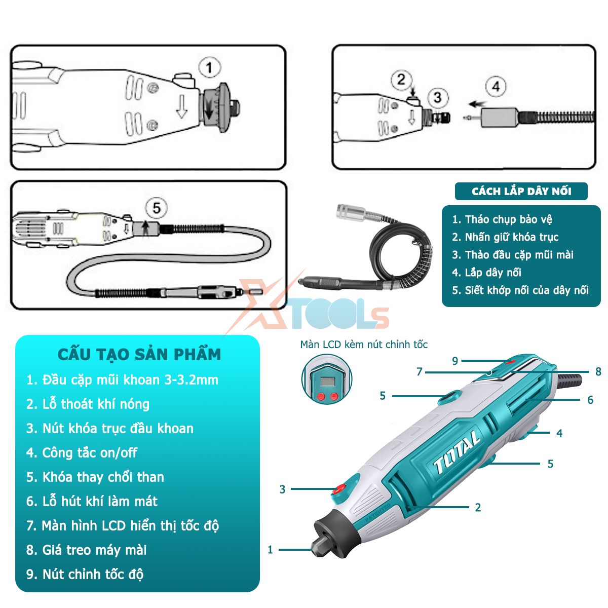 Máy mài khuôn cầm tay mini TOTAL 130-200W có chỉnh tốc. Bộ máy mài, khắc, khoan mini 2.3/3.2mm kèm 109-150 phụ kiện và dây nối XTOOLs