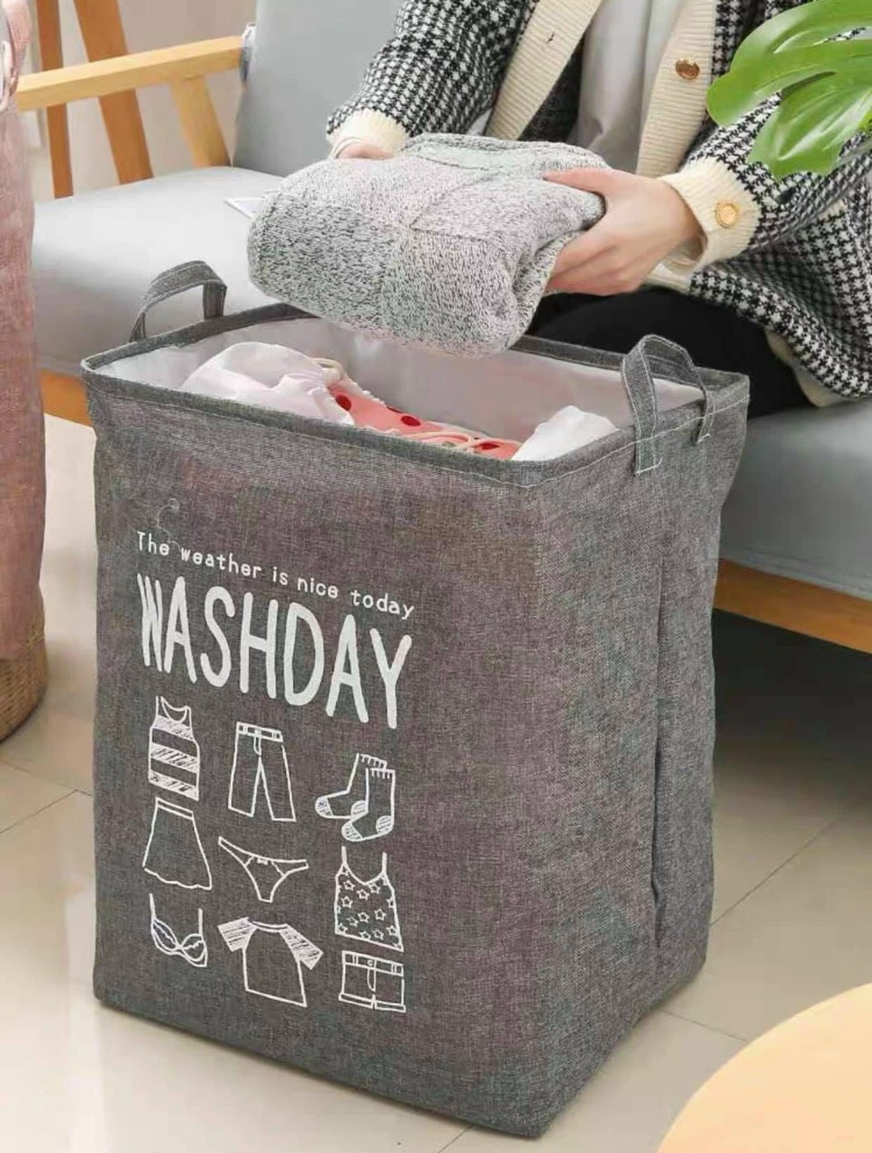Giỏ vải KHUNG SẮT SIÊU TO đựng quần áo, chăn màn có dây rút và quai xách siêu to - giao màu ngẫu nhiên