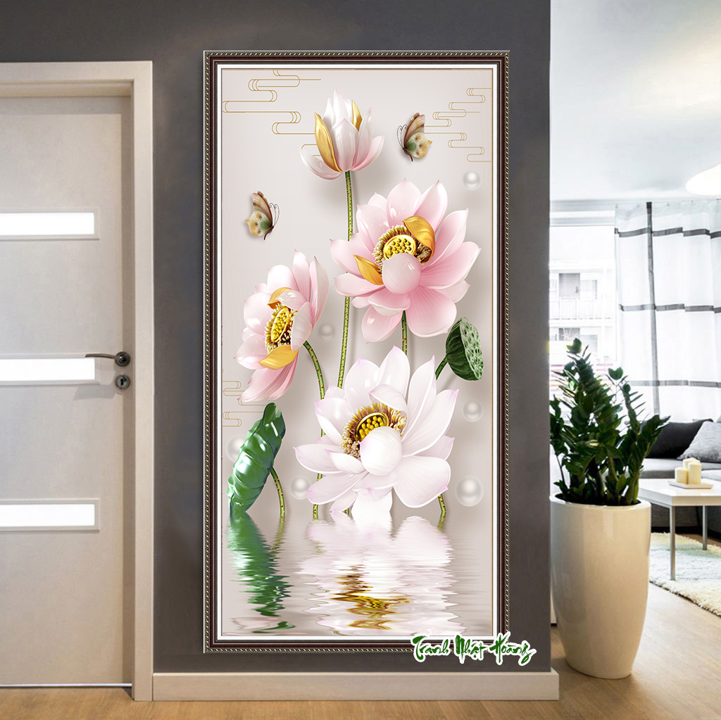 Tranh 3D hoa sen thư pháp dán tường