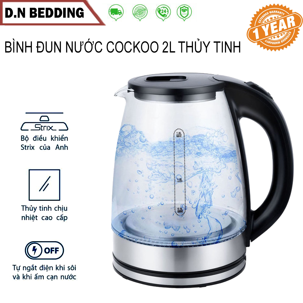 Siêu tốc bình đun nước cuckoo 2 lít thủy tinh chịu nhiệt tốt - ấm đun nước bằng điện công suất 1500w trong suốt cao cấp - bình nước siêu tốc cuckoo đun nước nhanh, tự ngắt khi sôi, thủy tinh chịu lực chịu nhiệt tốt,