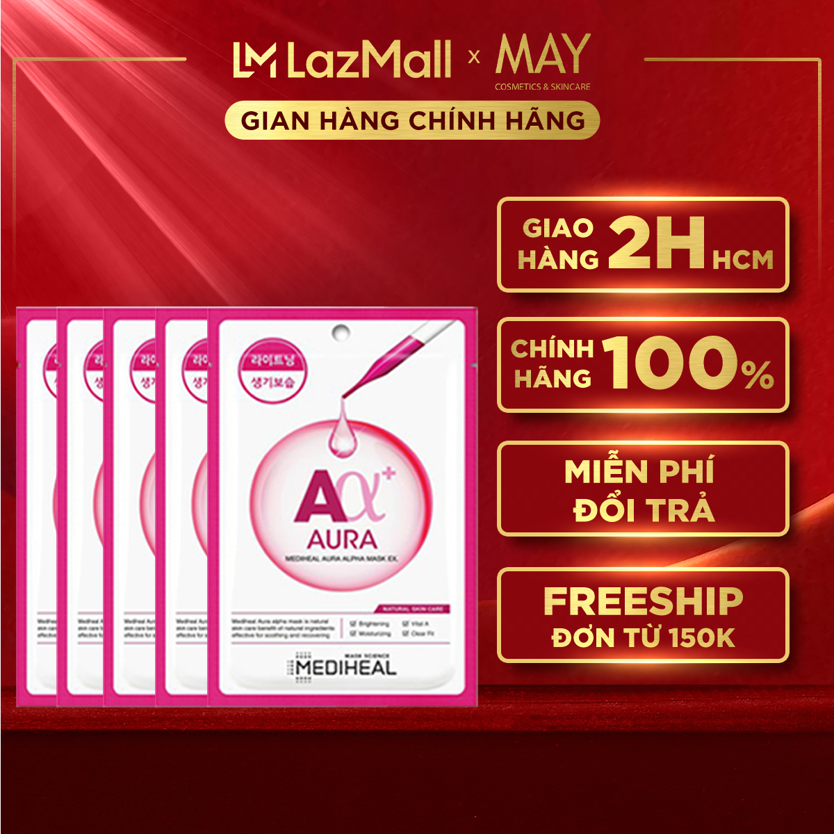COMBO 5 MẶT NẠ MEDIHEAL AURA ALPHA Giúp Cấp Ẩm Mờ Thâm Sạm Ex 23mlx5
