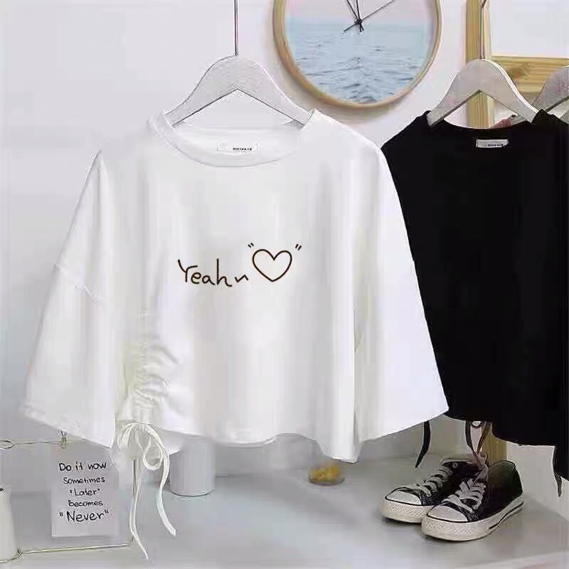 ÁO CROPTOP DÂY RÚT EO IN HÌNH DỄ THƯƠNG