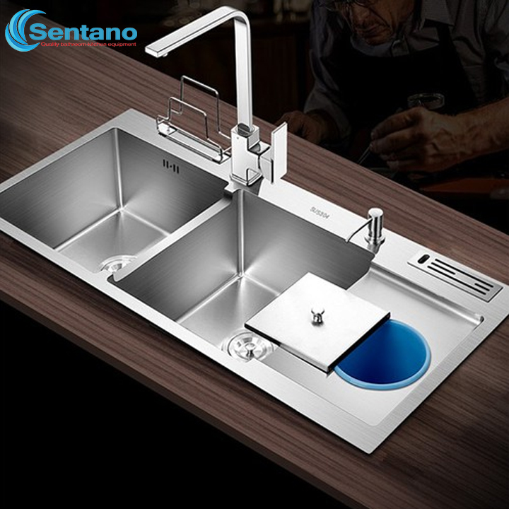 [SALE RẺ][HÀNG LOẠI 1 PLUS] Combo Bồn chậu rửa chén đúc nguyên khối inox 304 cao cấp SENTANO SC-17 PLUS 100x48cm + bộ xả chống hôi + vòi rửa chén nóng lạnh STN-404 + khay inox đa năng+Bình inox