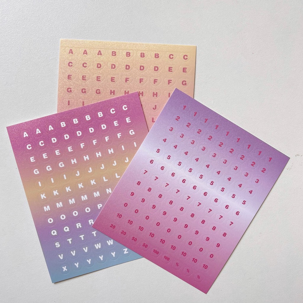 Set 3 tờ sticker alphabet và số ombre trái tim