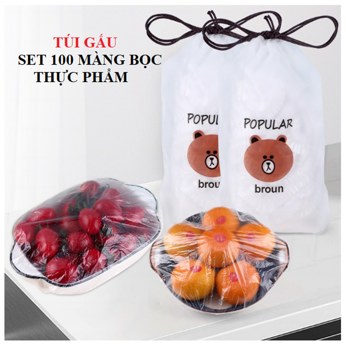 Set 100 Màng Bọc Thực Phẩm Túi Gấu, Màng Bọc PE Co Giãn