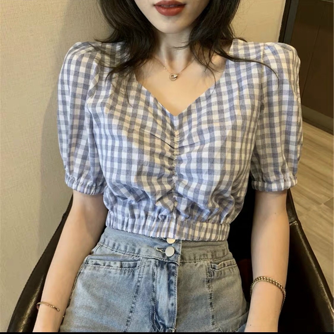 Áo caro rút ngực form croptop 50kg