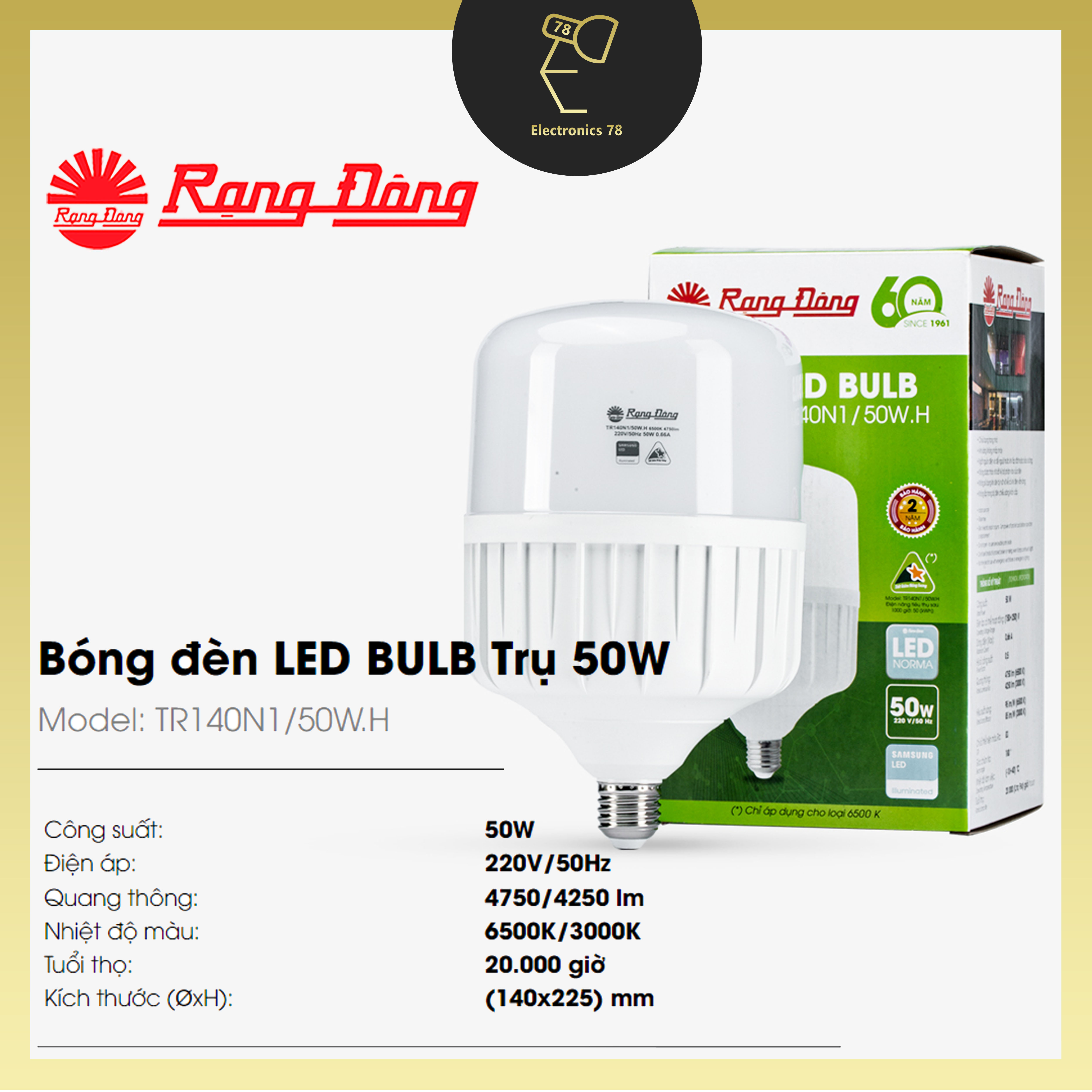 [Chính Hãng] Bóng LED Trụ Rạng Đông, Bóng sáng tiết kiệm điện 20W-30W-40W-50W-60W-80W , Ánh sáng Trắng/Vàng