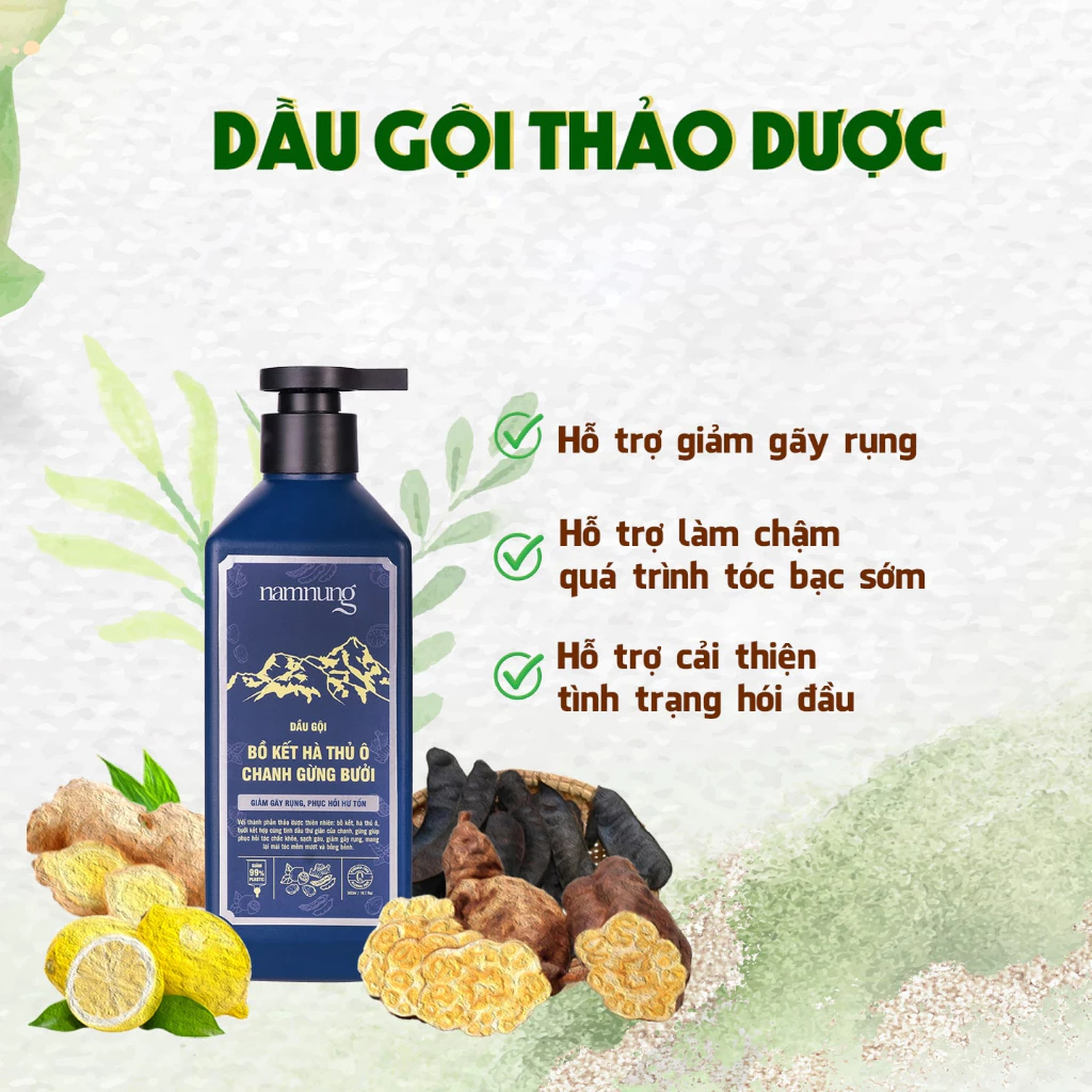 COMBO Dầu Gội+dầu xả NAMNUNG Thảo Dược Bồ Kết Giảm Gàu Ngứa Giảm Rụng Dưỡng Tóc Mềm Mượt 500Ml