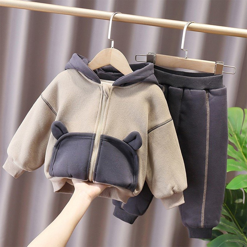 Bộ Nỉ Bông Có Mũ Tai Gấu Cho Bé , Bộ Mùa Đông Áo Khoác Có Mũ Bé Trai, Bé Gái Từ 6-28Kg - LILA KIDS