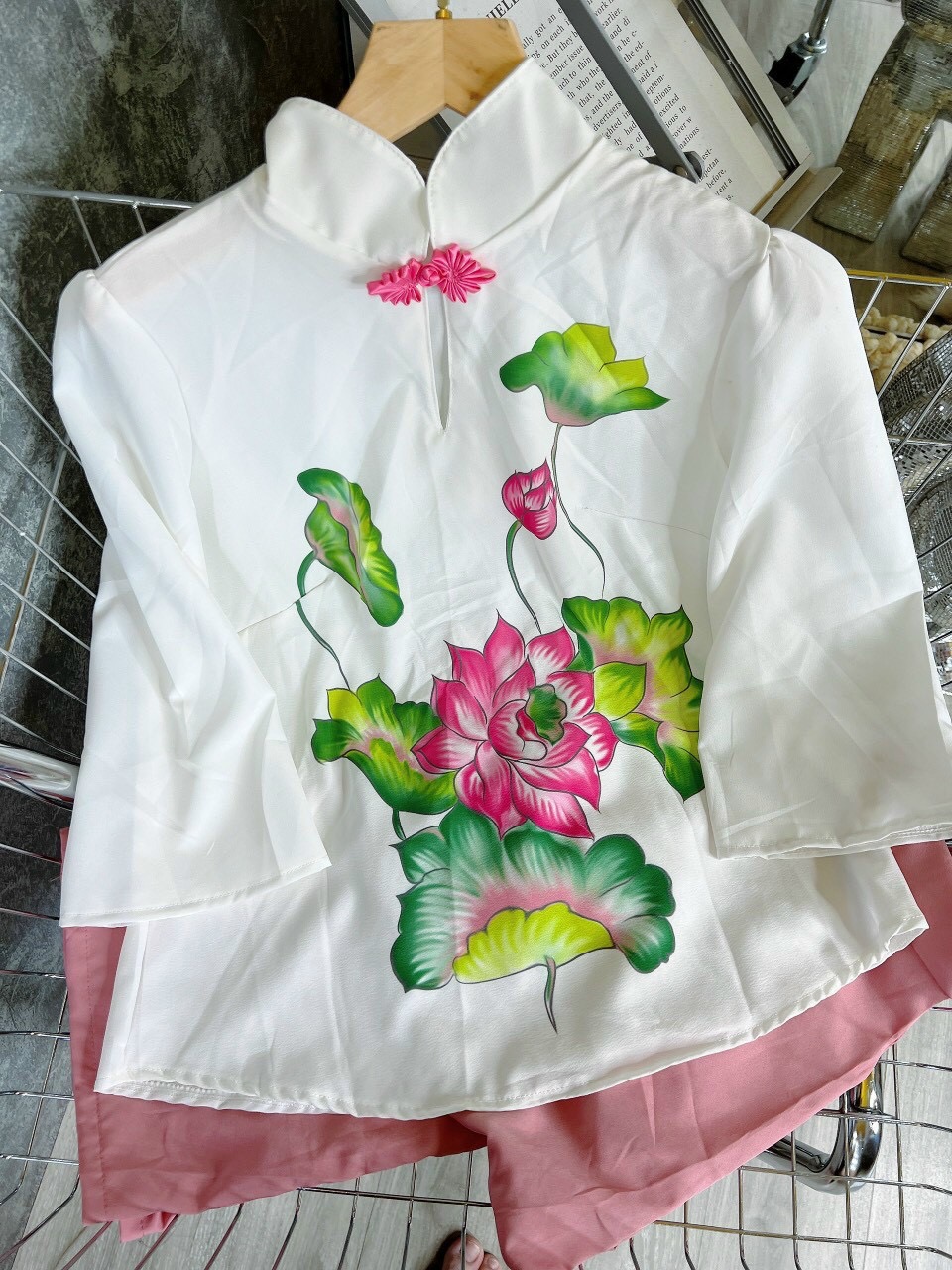 Sét bộ lam  thêu hoa sen-TH