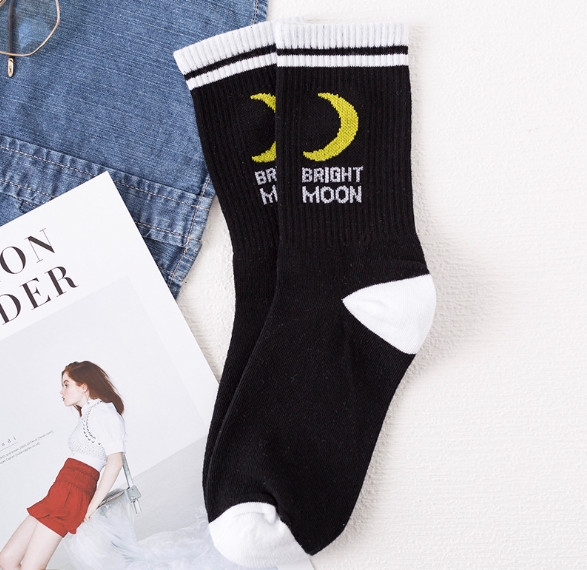 Vớ Tất cotton cổ cao Unisex hình trắng khuyết chữ BRIGHT MOON mềm mại xinh xắn