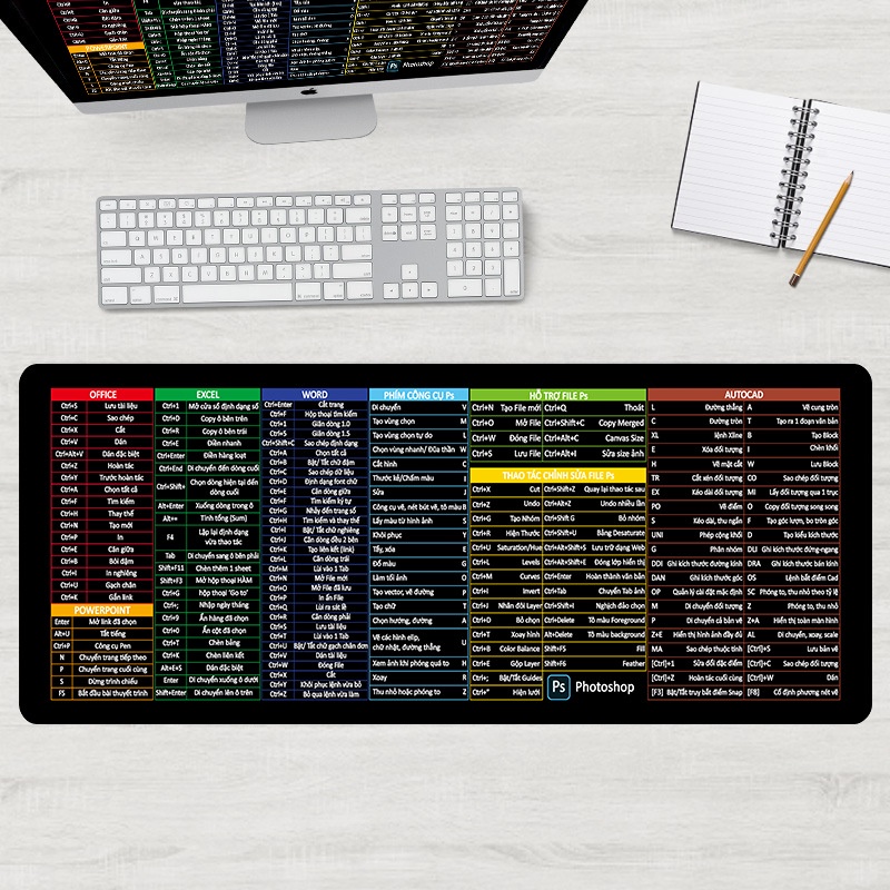 Lót Chuột Phím Tắt Văn Phòng Office Thiết Kế Bảng Tiếng Việt Cỡ Lớn Siêu Bền Đẹp Size 30x70cm