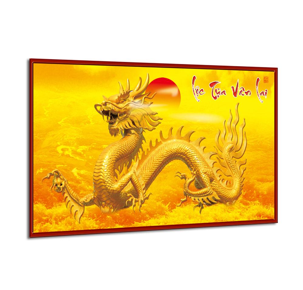 Tranh dán tường phòng khách Rồng Vàng 3D, tranh phong thủy tài lộc