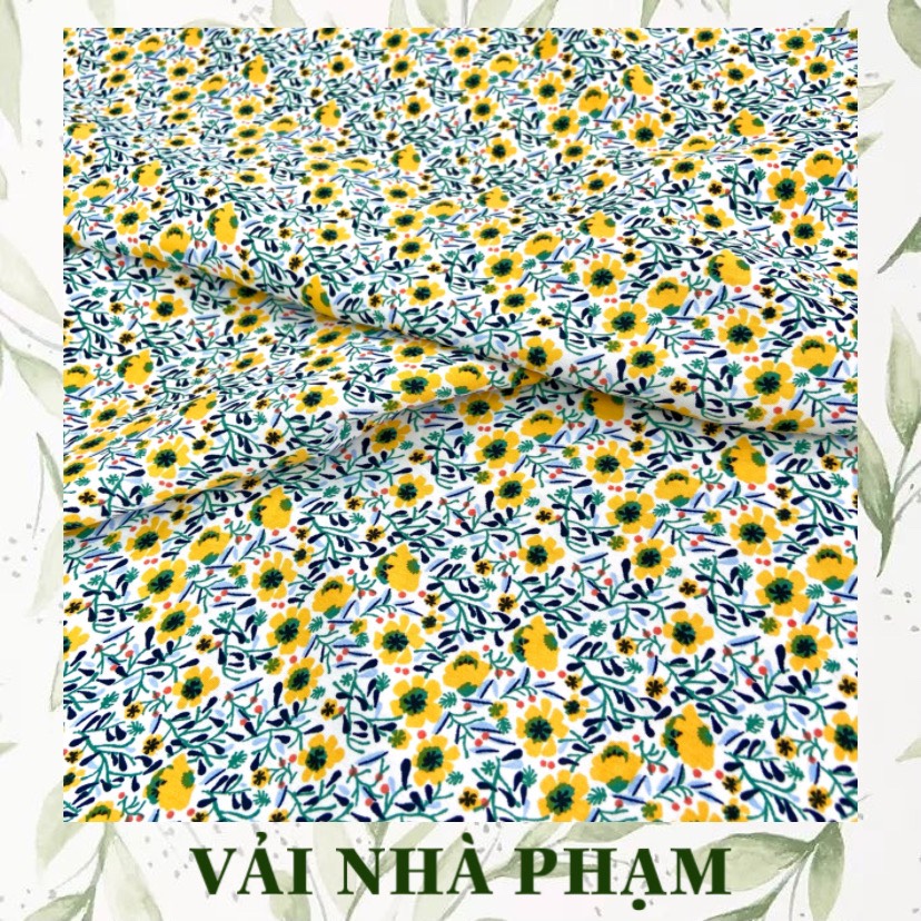 Vải lụa mango hoa nhí vàng nền trắng kem - khổ vải 1.5m - vải nhà phạm
