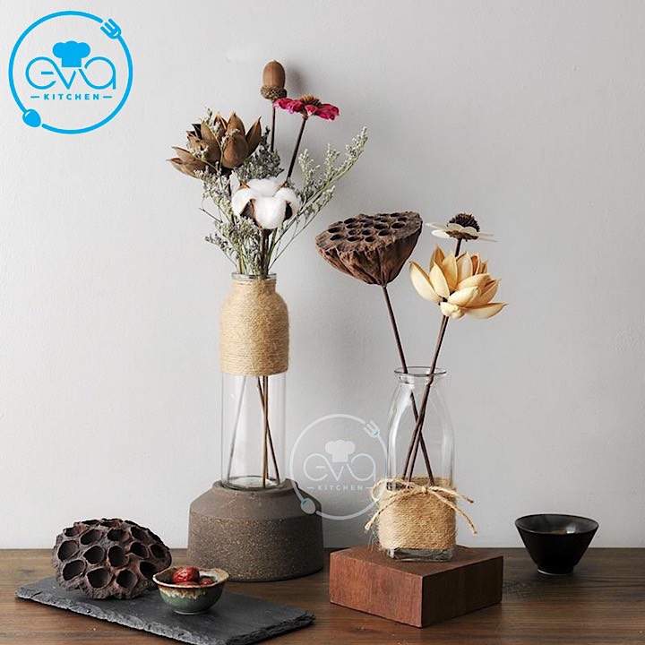 [HCM]Combo 2 Bình Bông Lọ Hoa Thủy Tinh Tròn Và Vuông Tặng Kèm Dây Bố Trang Trí