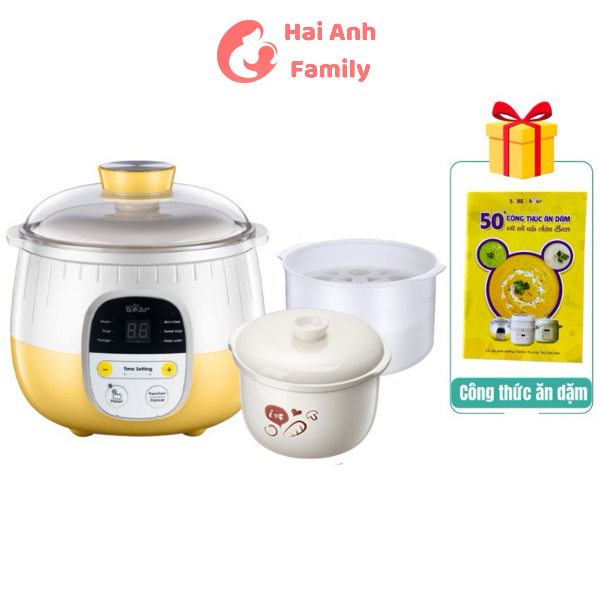 Nồi nấu cháo chậm Bear 0,8L bản tiếng Việt có lồng hấp