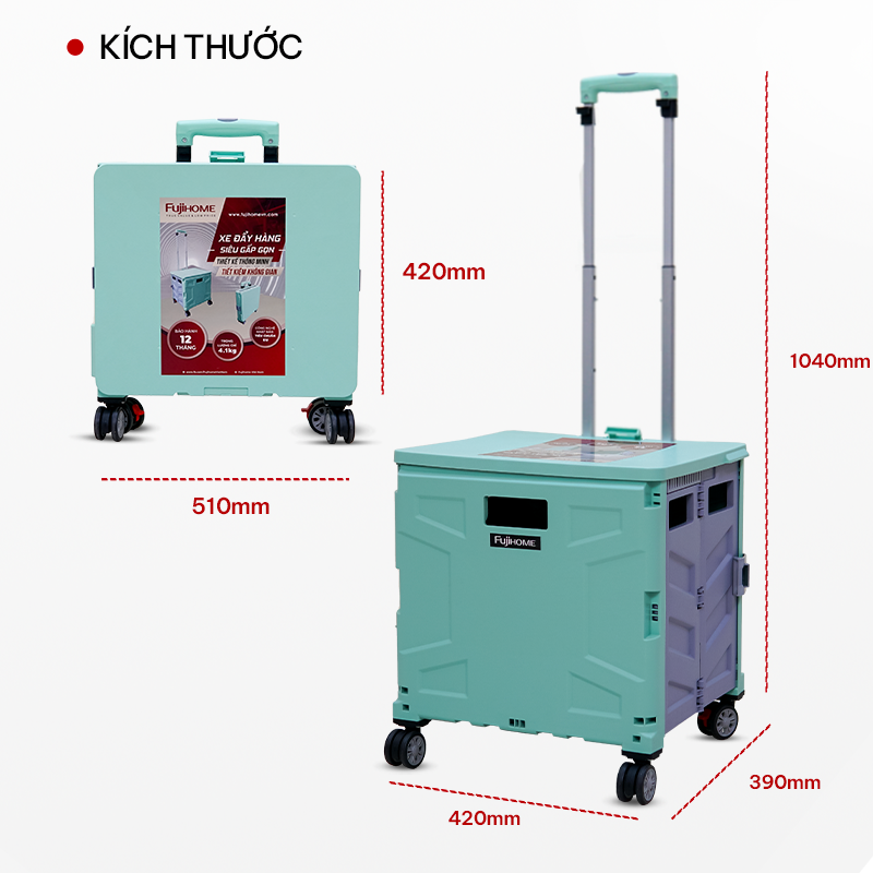 Xe đẩy hàng gấp gọn 65L nhập khẩu FUJIHOME, xe kéo hàng mini siêu thị đi chợ đa năng xếp gọn, thùng vali xếp gọn 65 Lít dùng trên ô tô - Chính hãng bảo hành 1 năm