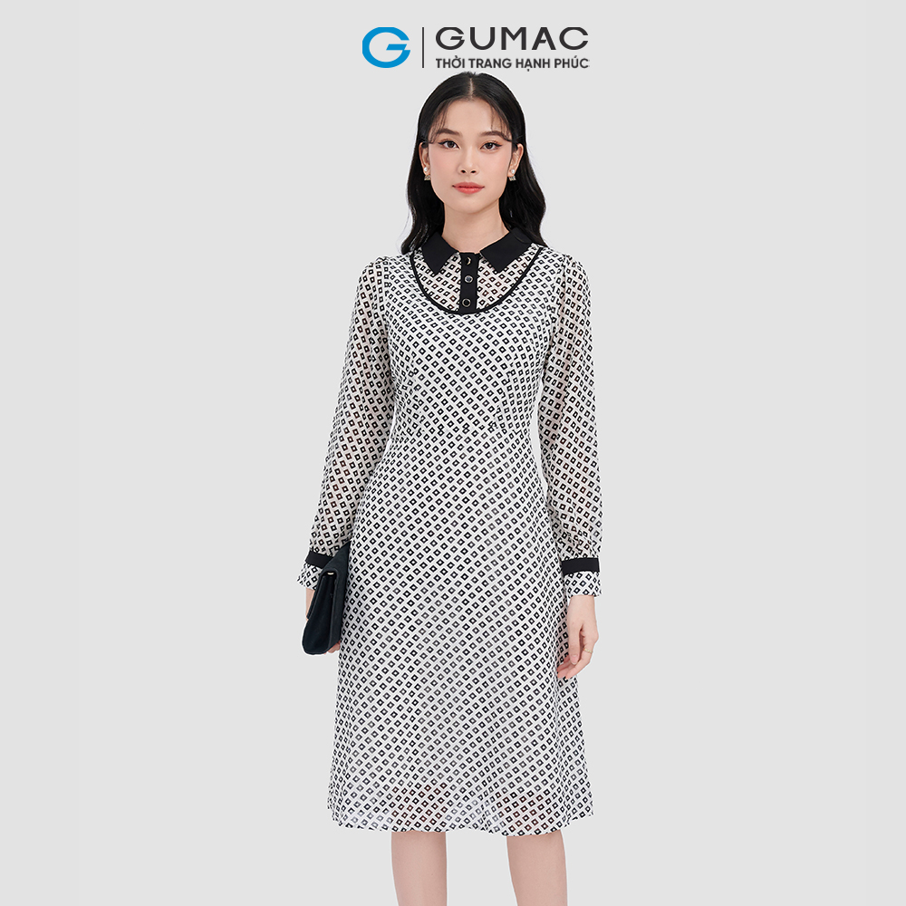 Đầm form A họa tiết phối cổ GUMAC DC09054