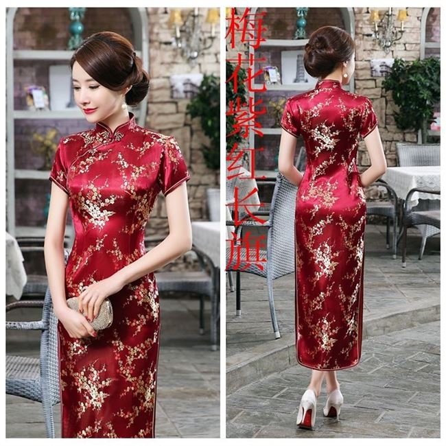 Sườn xám Dài Gấm ĐỎ Đô có hình thật