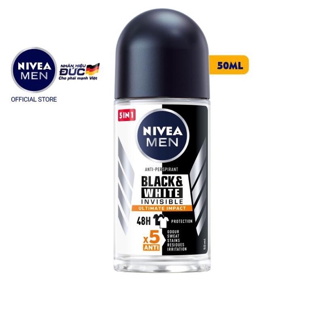 Lăn ngăn mùi nivea men black & white chống ố vàng áo 50ml
