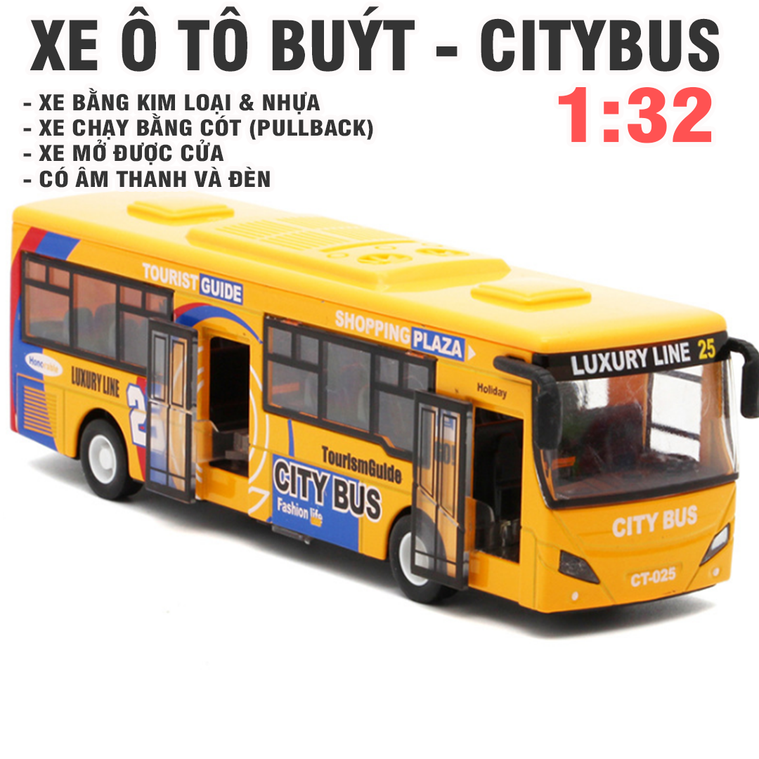 Xe ô tô buýt city bus bằng sắt tỉ lệ 1:32 xe có âm thanh và đèn mở cửa xe ô tô đồ chơi trẻ em