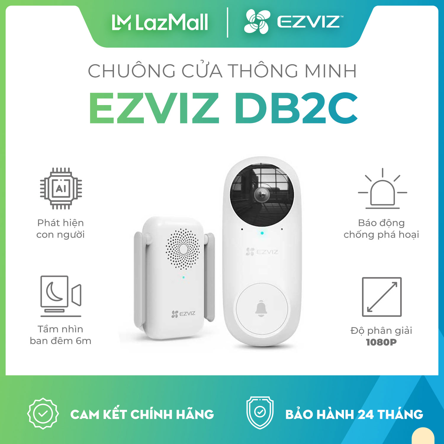 Wireless Doorbell With Camera Ezviz Db2C, Siren Anti-Theft Wide Angle Of View...
