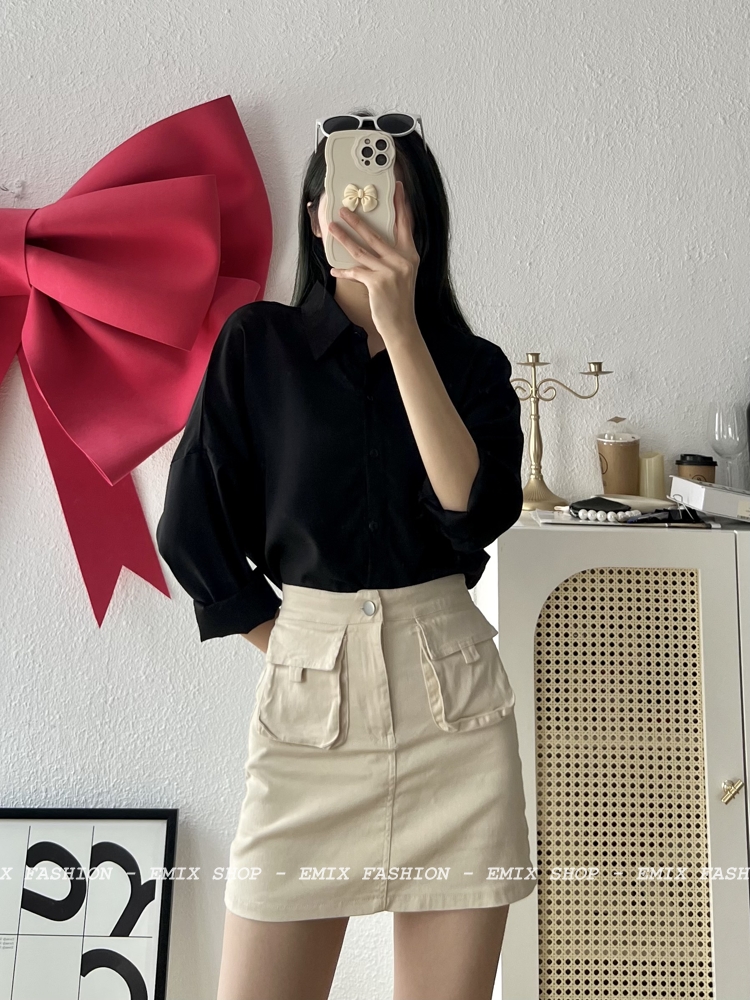 Áo sơ mi dài tay basic EMIX, chất voan lụa trơn, form rộng freesize dưới 55kg, không nhăn, 00105