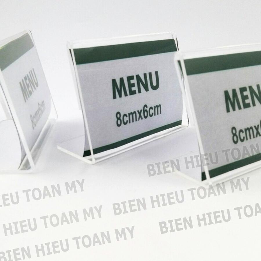 Menu mica chữ L size 8cm x 6cm