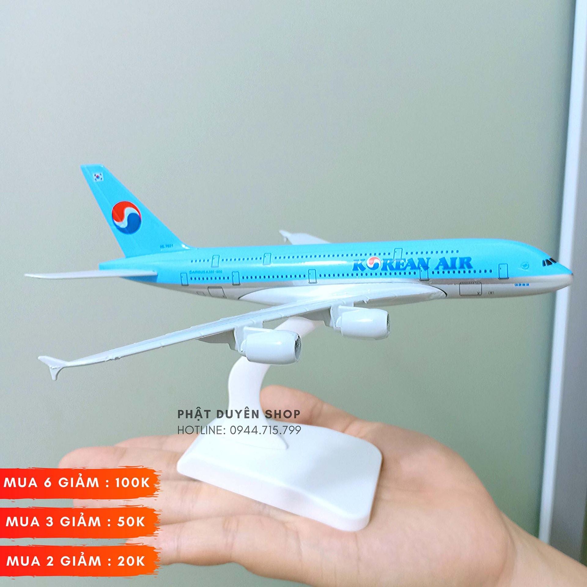 Mô hình máy bay tĩnh Airbus A380 Korean Airline ( 20cm + Đế chưng bày) Hợp kim sáng - Bộ sưu tập