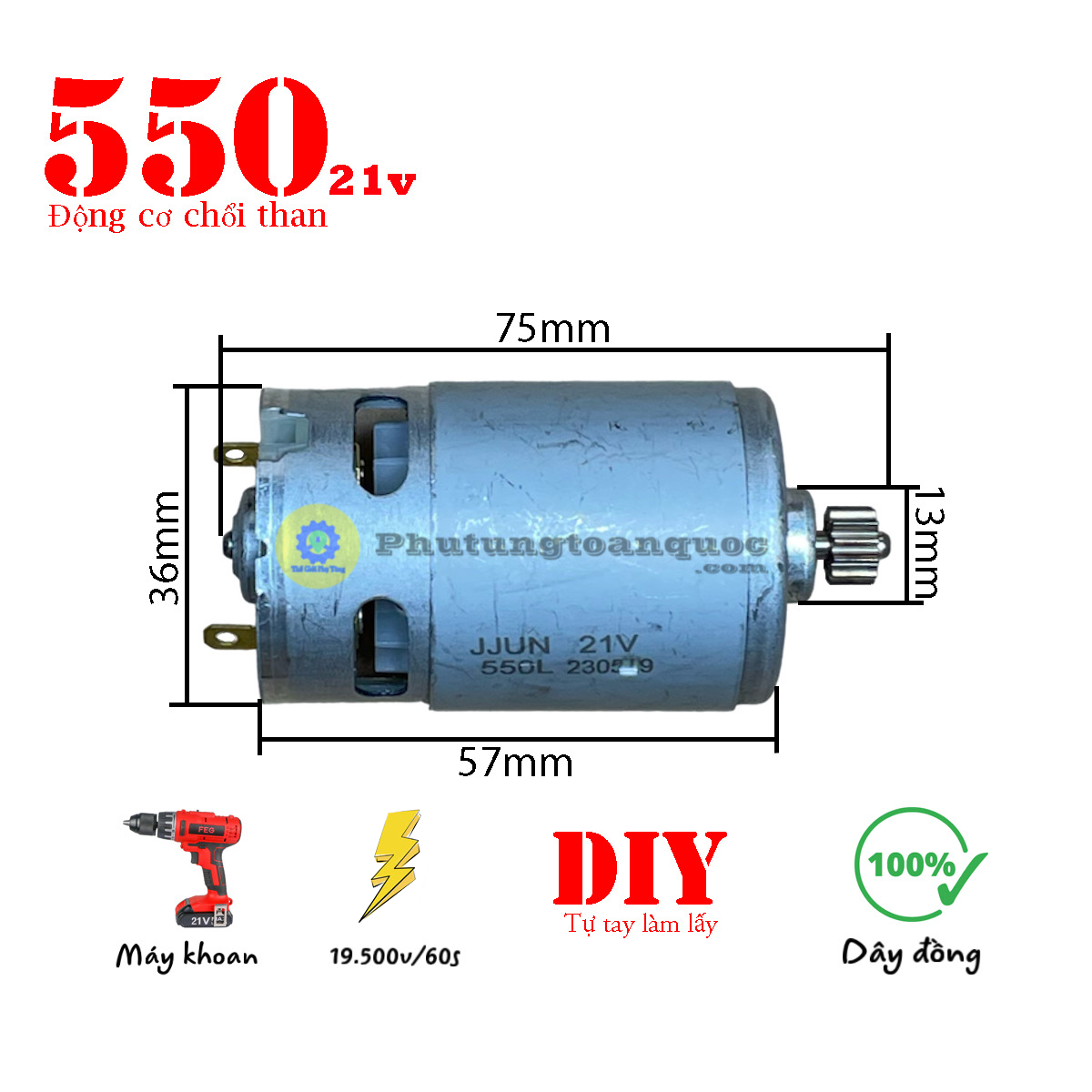 Động cơ 550 máy khoan - máy bắn vít chạy pin 21v | motor chổi than 550 thân 36mm 100% dây đồng