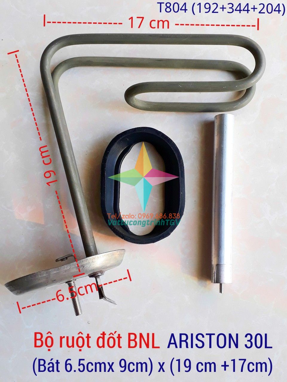 Bộ ruột đốt Bình nóng lạnh ARISTON 30L bát 6,5cm x 19cm+17cm + Zoăng + Thanh magie 3mm