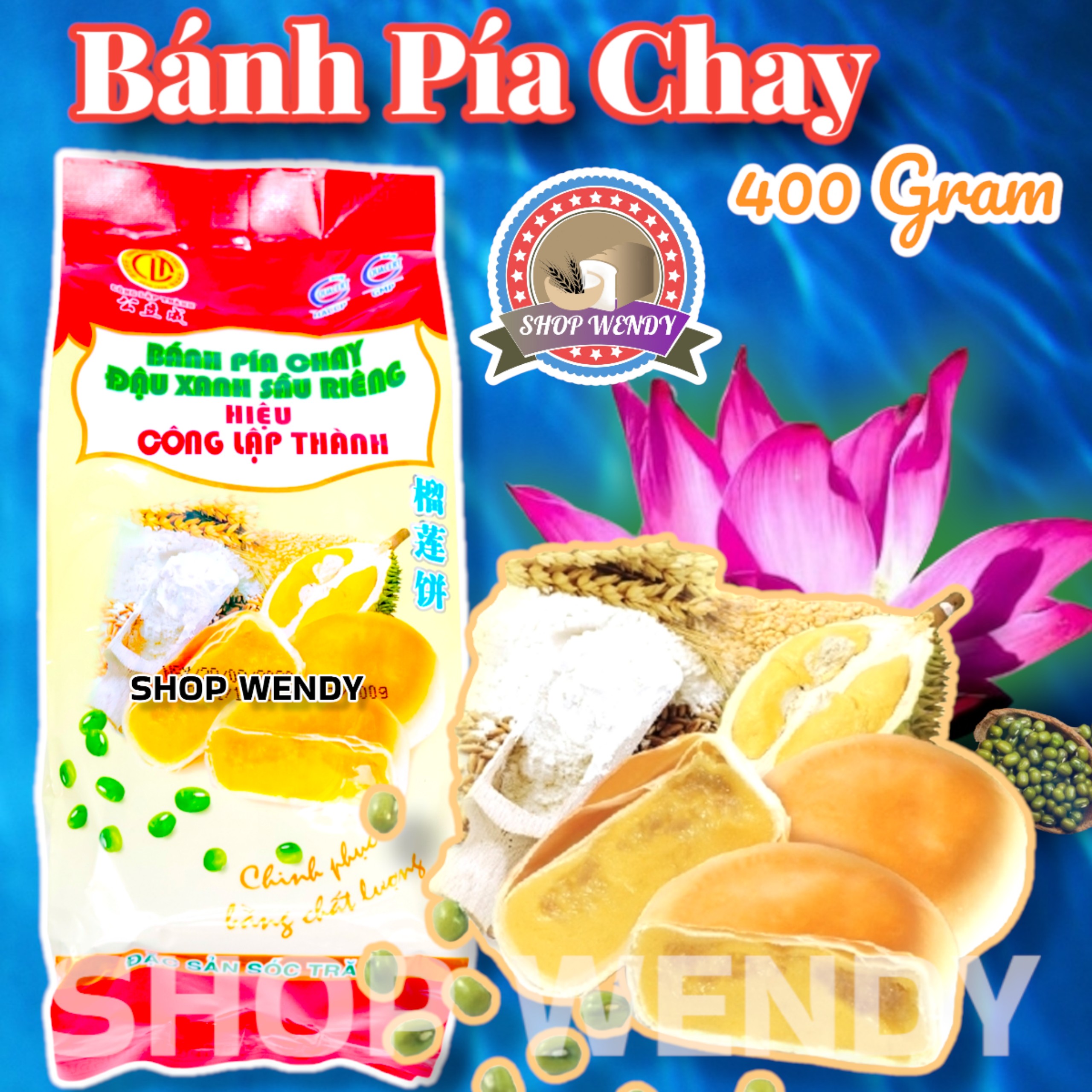 Bánh Pía Đậu Xanh Sầu Riêng - Chay - 400g (4 cái){ Bánh Trung Thu, Bánh Kẹo, Bánh Pía, Lạp Xưởng, Đặc Sản Sóc Trăng }