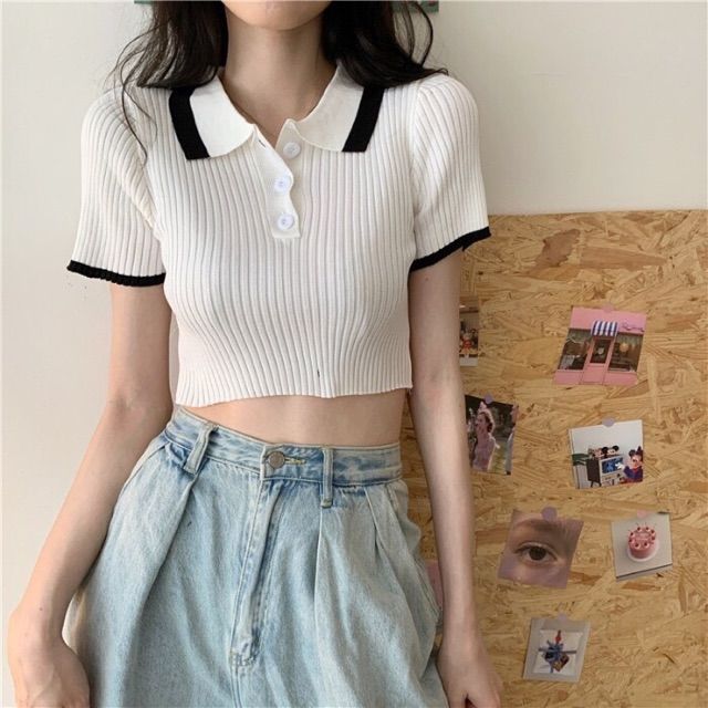 Áo len mông cộc tay croptop cổ bẻ pha viền cổ hot hit