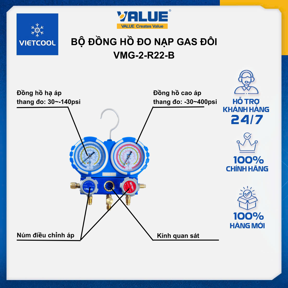 Bộ đồng hồ đo nạp gas đôi VALUE Model VMG-2-R22-B (có dây)