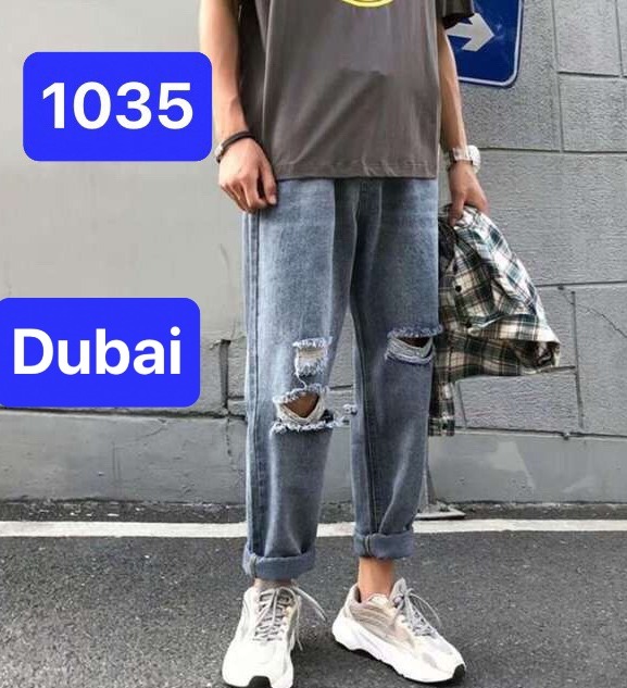 QUẦN BAGGY JEAN NAM XANH CHẤT BÒ ỐNG SUÔNG RỘNG RÁCH GỐI SIÊU SANG NHẬT BẢN DB-1035 CAO CẤP - DUBAI FASHION