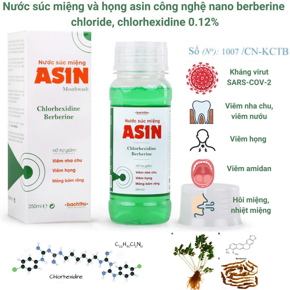 Nước súc miệng ASIN 250ml chứa dược chất thiên nhiên Berberine Chloride và
