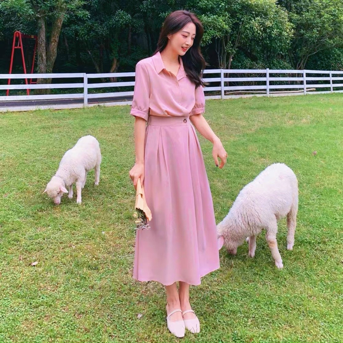 Đầm váy sơ mi nút eo tay ngắn 8 màu