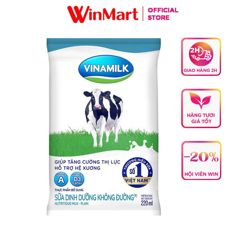 [Siêu thị WinMart] - Sữa tiệt trùng Vinamilk không đường túi 220ml